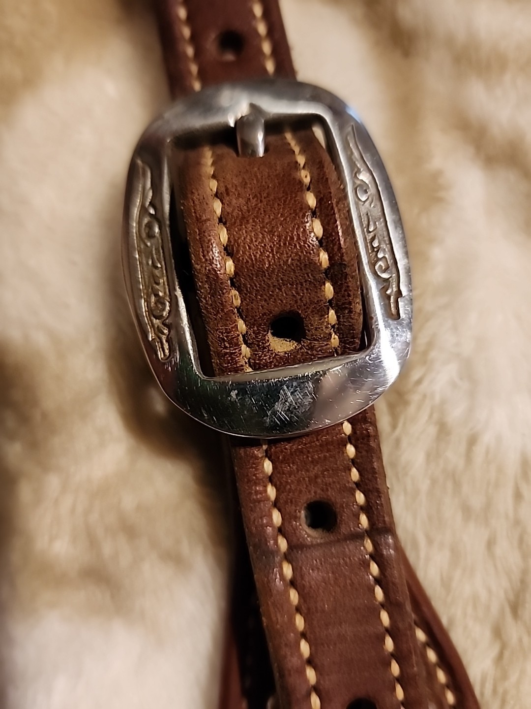 Double Eared Silver Dot Western Bridle Headstall Med Brown Leather EUC