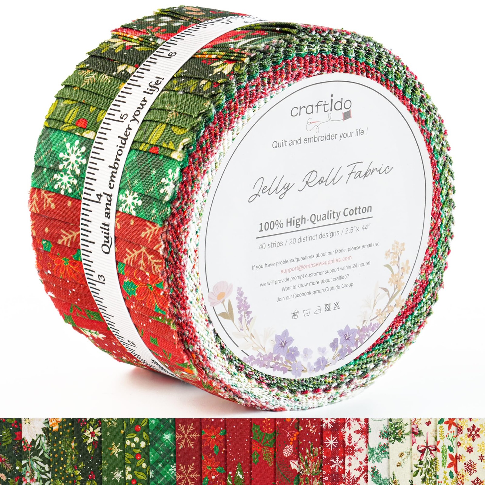 Craftido 100% Cotton Jelly Roll Fabric Strips for Quilting & Crafts, 40pc