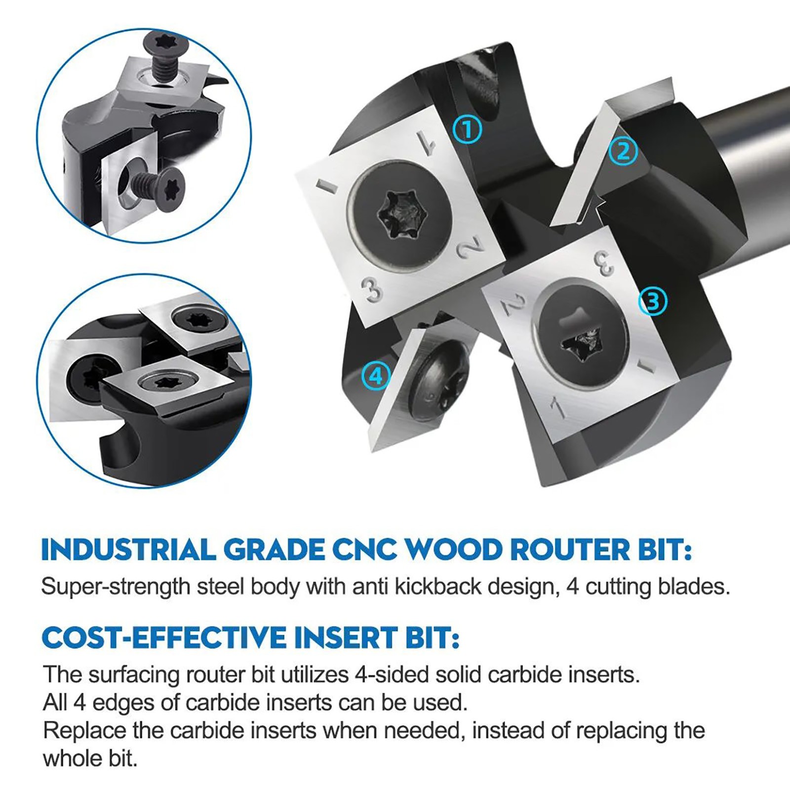 CNC Four Blade Cutter Router Bit 1/2" Shank 2+2 Inserts Cutter Planing Bit