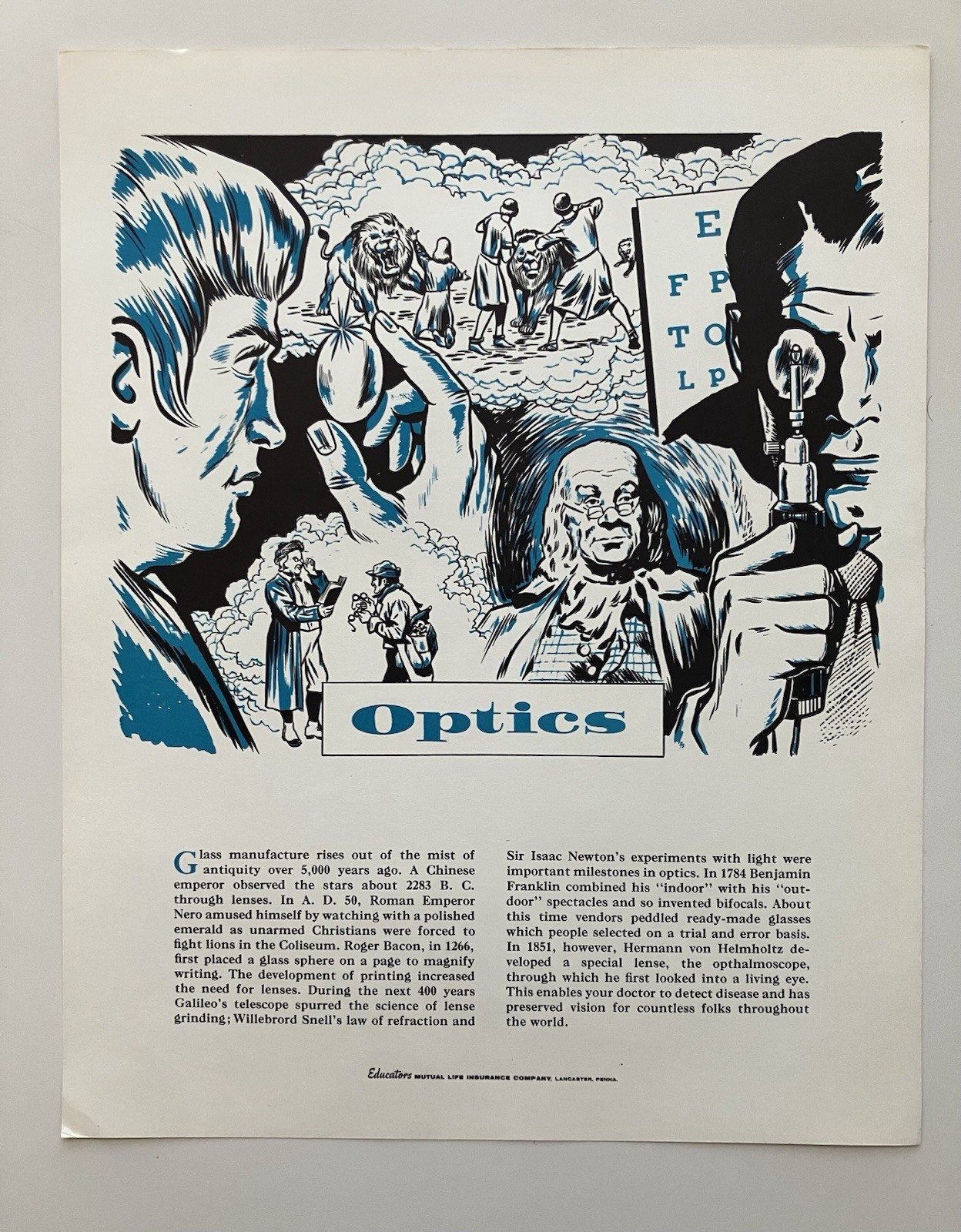 Vintage MCM Optics Medical Advertising Poster Eye Ocular Blue Benjamin Franklin