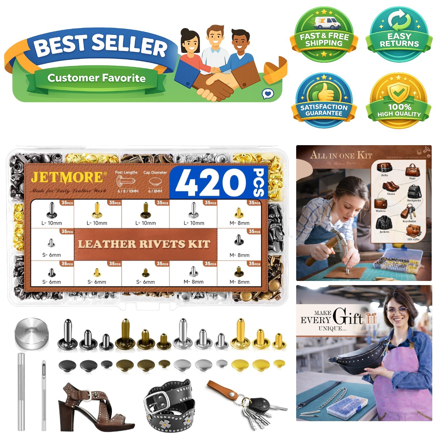 Complete Leather Rivet Kit: 420 Sets, 4 Colors, and 3 Essential Tools Included