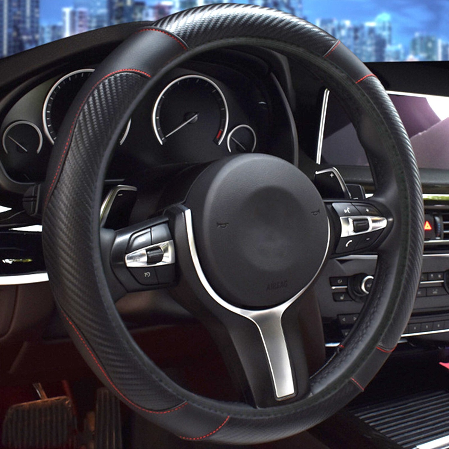 For Hyundai 15" Car Carbon Fibre Steering Wheel Cover Anti-Slip Breathable Wrap