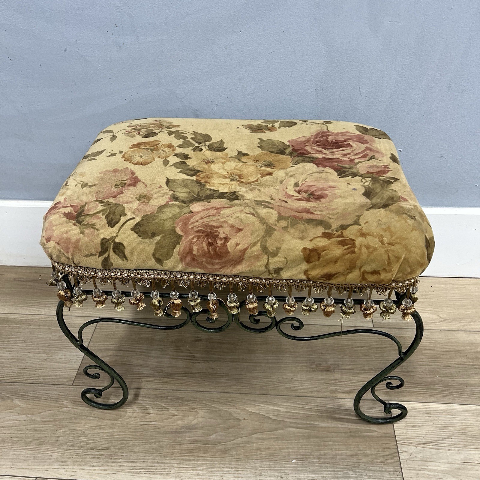 Vintage Shabby Chic Metal Scroll Bench w/ Floral Cushion & Tassel Trim 20x16x17