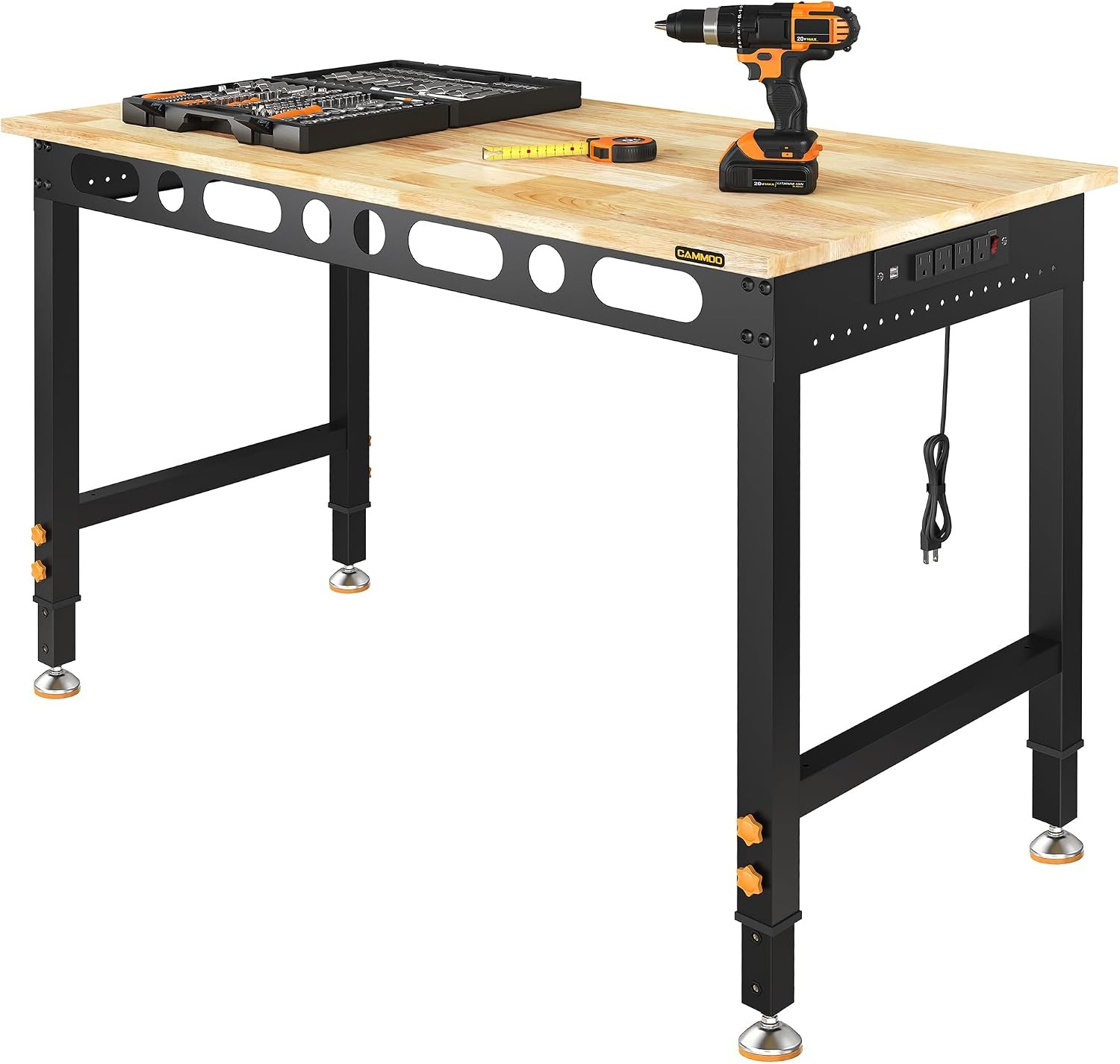 48 Inch Adjustable Workbench 2000 LBS Capacity Power Strip Solid Rubber Wood Top