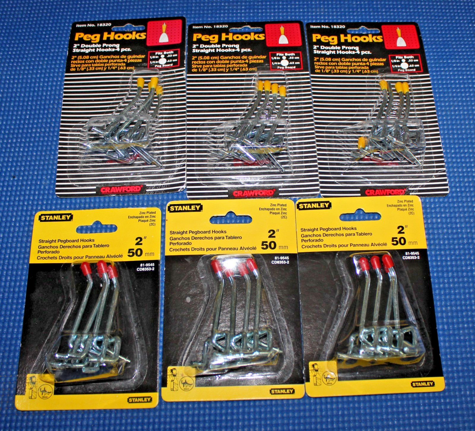 24 pc Crawford and Stanley  2" STRAIGHT HOOK Double Prong Peg Boards Tools 6pks