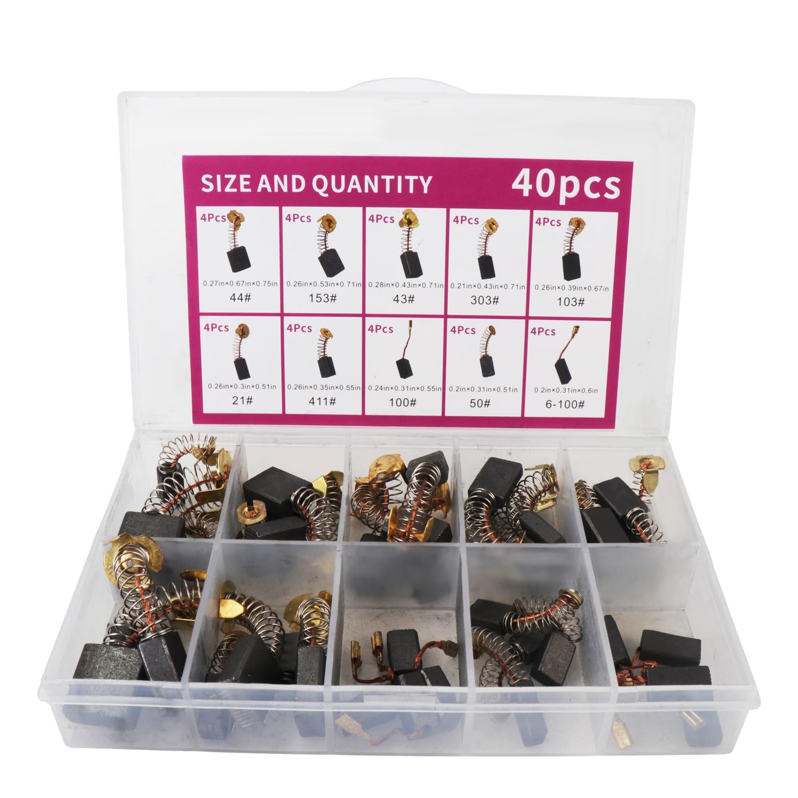 "Electric Motor Carbon Brushes 40pcs Assortment, 10 Sizes Replacement Brush Kit"