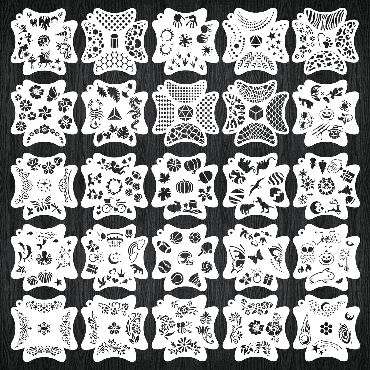 25 Set Face Paint Stencils - 265 Pcs Flowers Plants Sports Animals Shapes Elemen