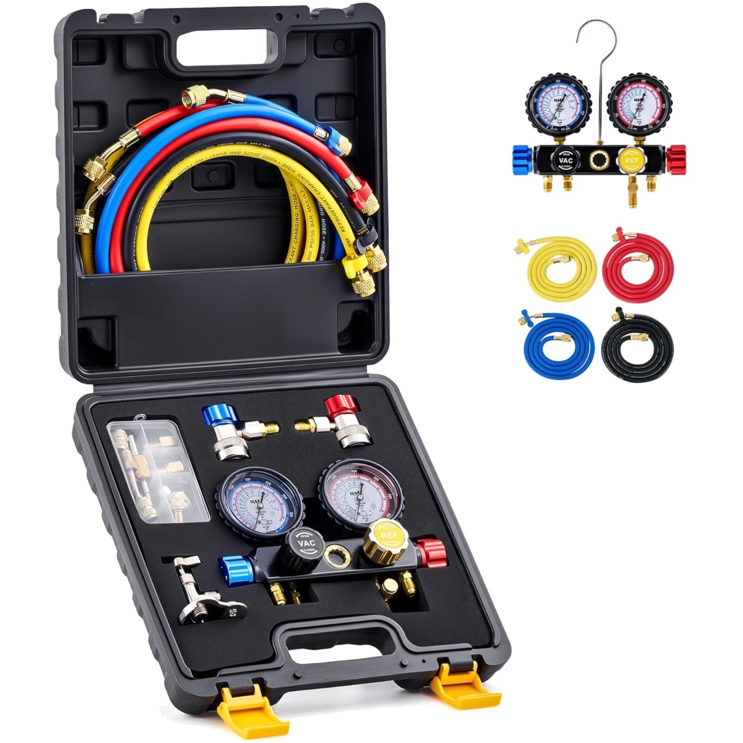 Durable 4 Valve Automotive AC Manifold with 5ft Hoses and Moisture Indicator