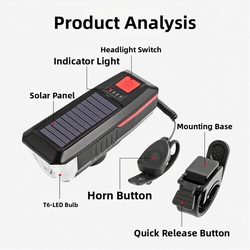 USB Rechargeable Solar Bike Light with For Horn for Mountain Bike and Road Use