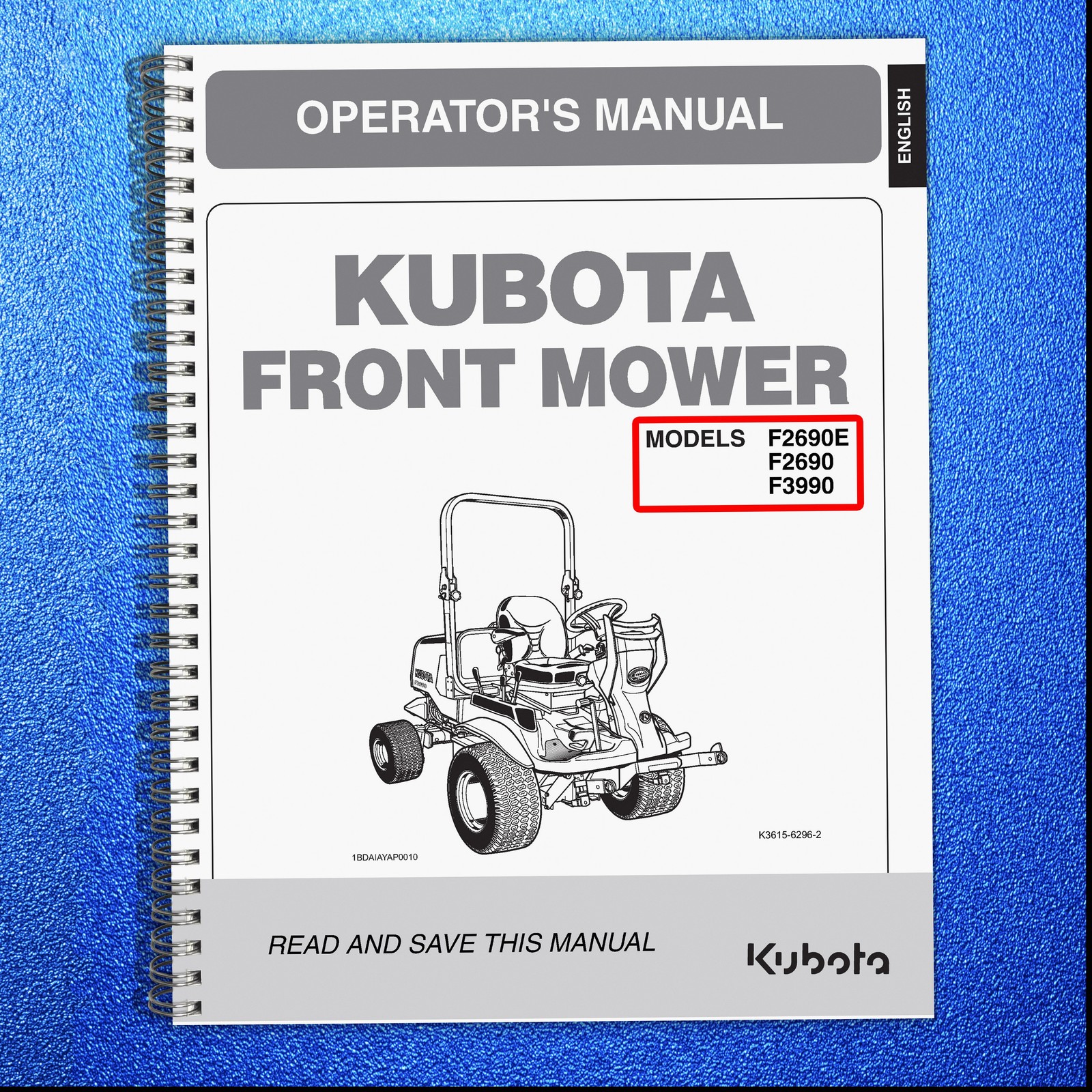 KUBOTA F2690E F2690 F3990 Mower Operators Manual - SPIRAL BOUND, TOUGH COVERING