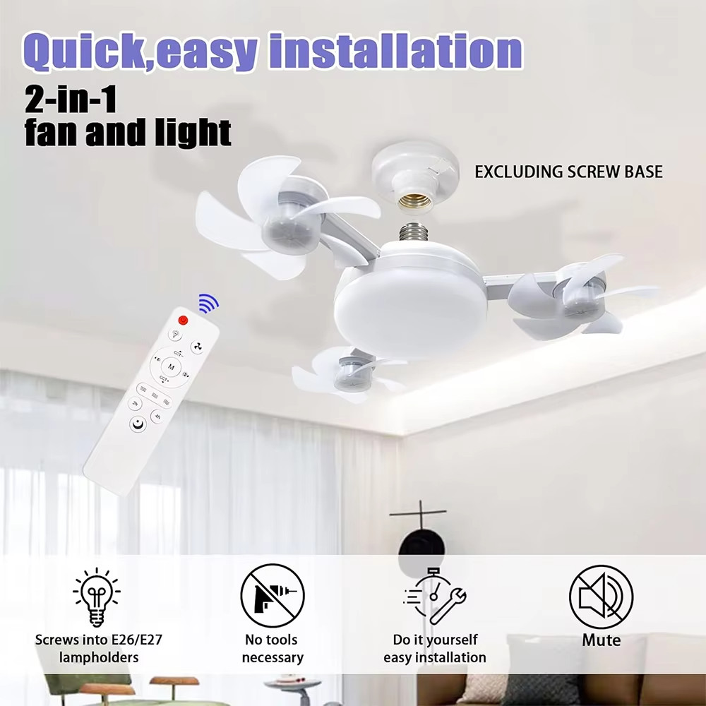 LED Socket Ceiling Fan with Light & Remote E27 Screw In Smart Mini Fan
