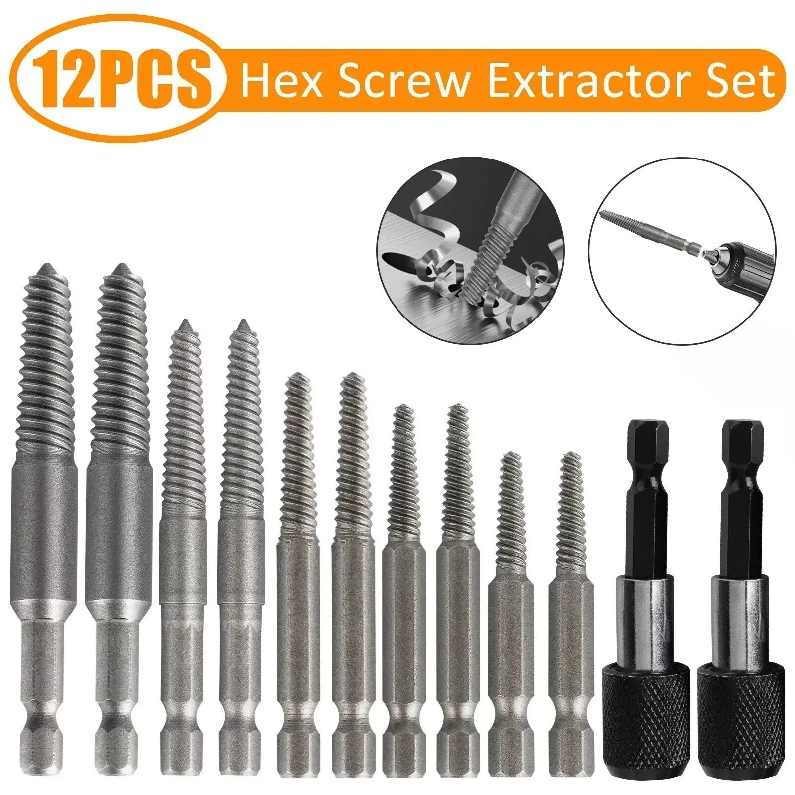 12Pcs Stud Screw Extractor Remover 1/4 Inch Hex Shank Damaged Bolt Easy-Out-Sets