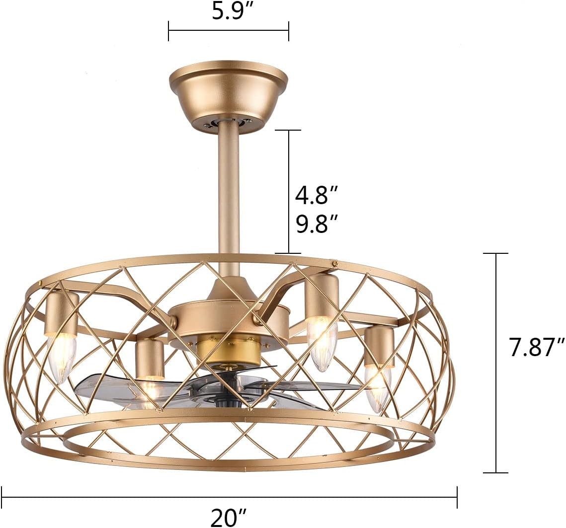 20-Inch Gold Ceiling Fan with Light, 3 Speeds, Remote Control, Modern Design