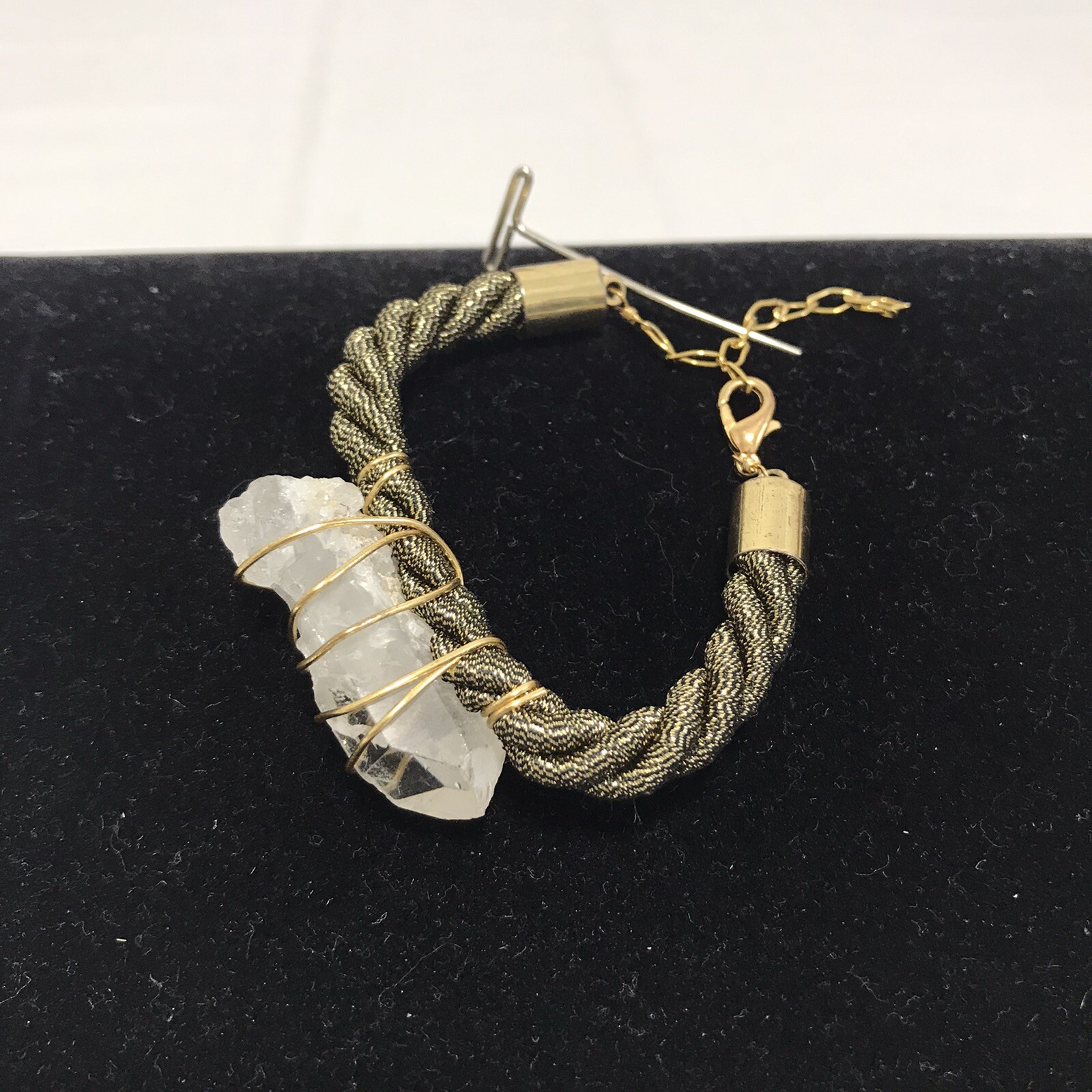 Large Clear Quartz Crystal on Gold Tone and Black Rope Bracelet Adjustable