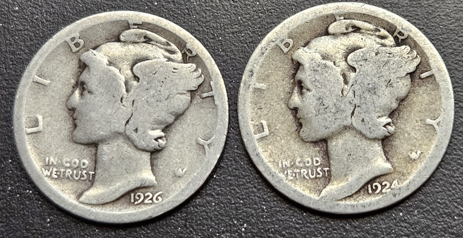 Lot Of Two 90% Silver Mercury Dimes - One 1924 and One 1926