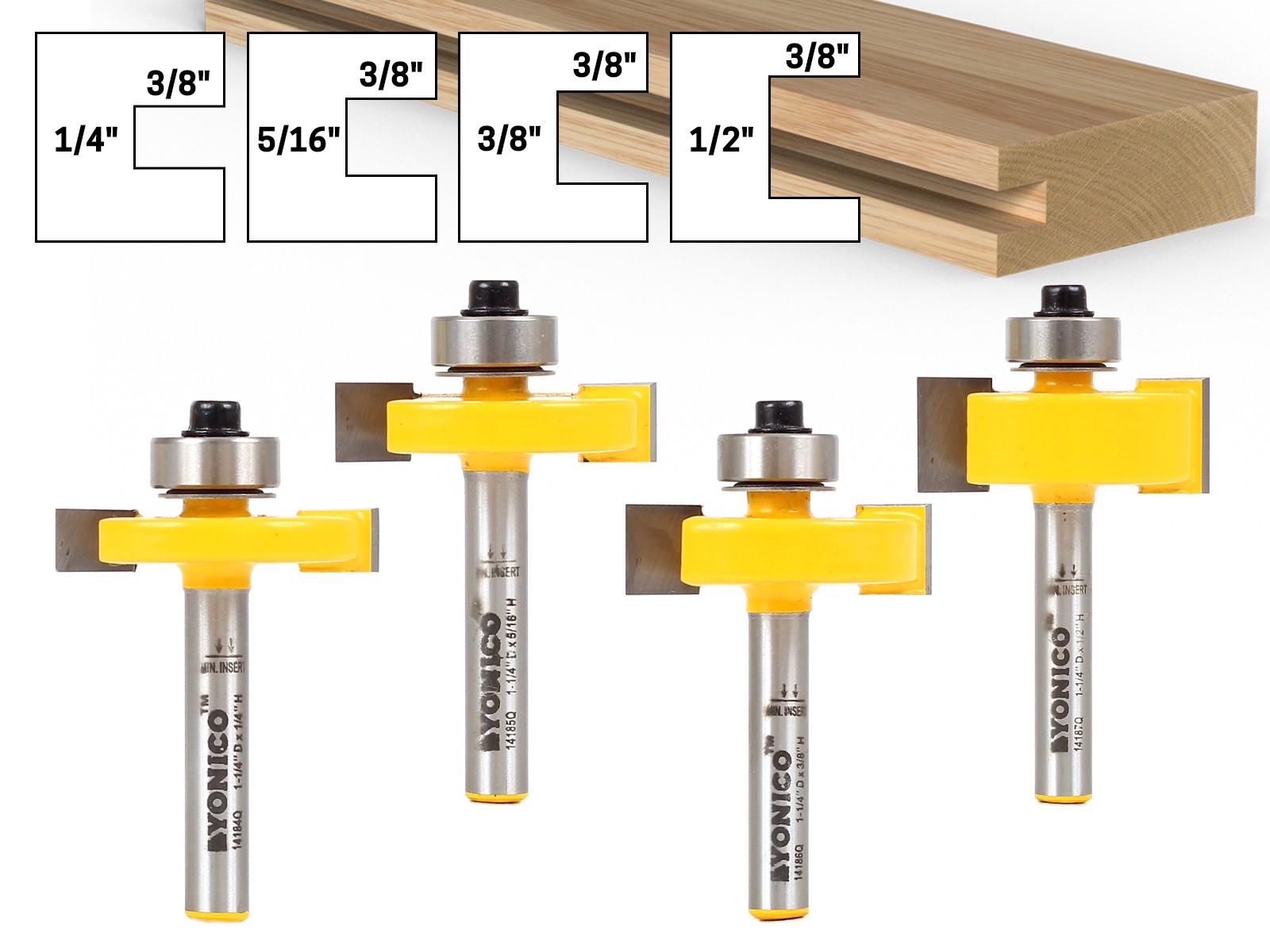 4 Bit Slot Cutter Router Bit Set - 1/4" Shank - Yonico 14481q