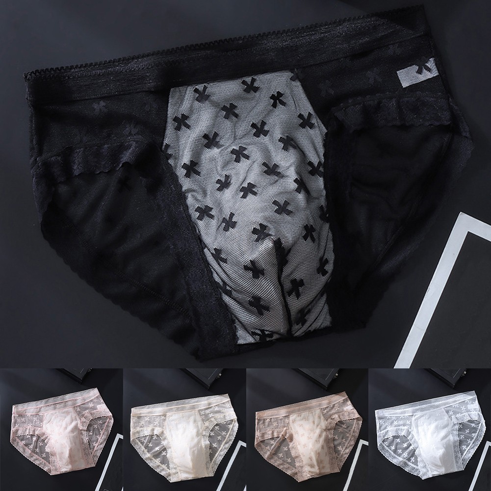 Mens Ultra Thin Lace Ice Silk Briefs Breathable Underwear with Bulge Pouch