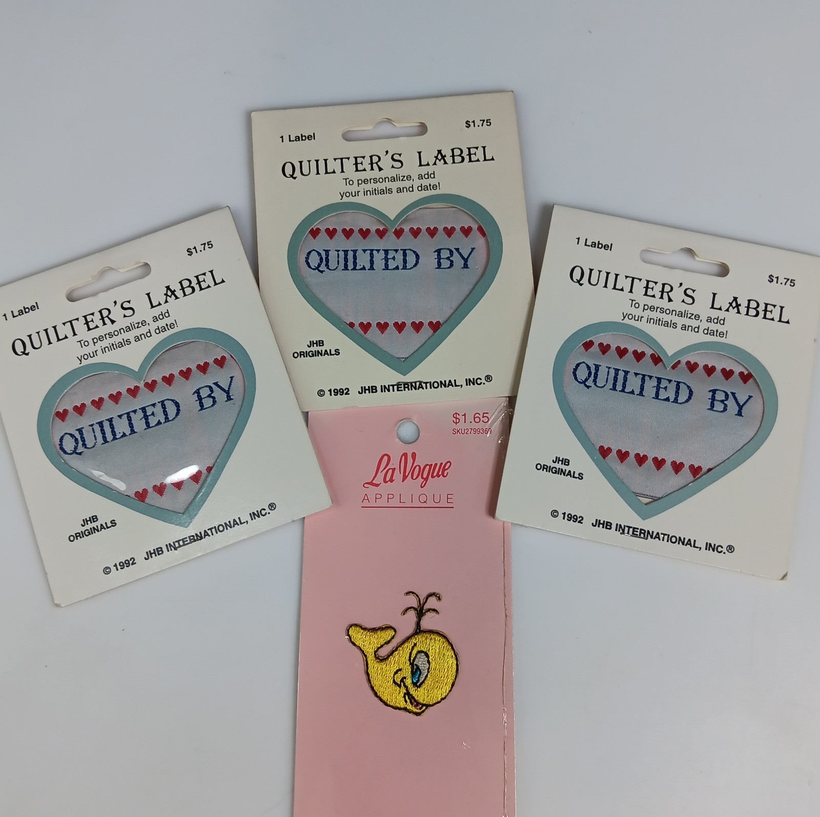 3 Sew-In Quilters Label Tags 1992 & Iron-On Whale Applique-Retro/Vintage Craftin