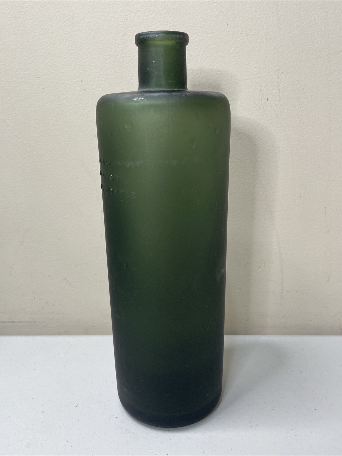 Green Satin Glass Liquor Bottle 1935-64 With Federal Law Warning. 9 3/4” Tall