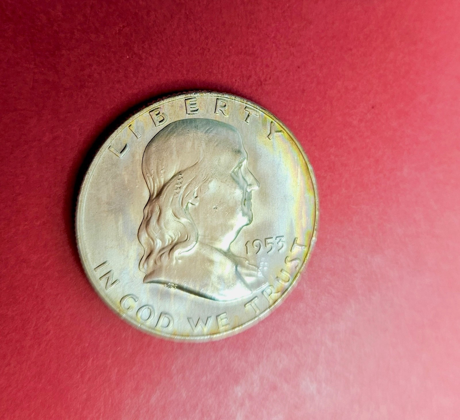 1953 D GEM BU Franklin Silver Half Dollar. RAINBOW TONING! Full Bell Lines?