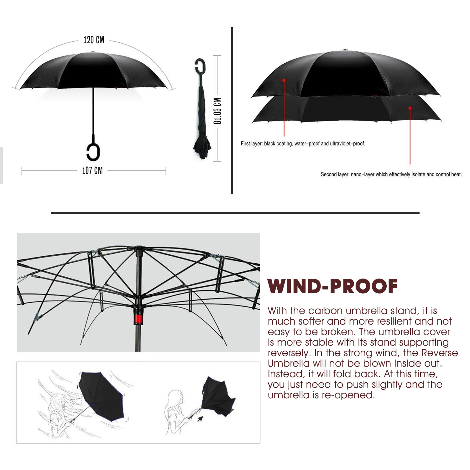 Inverted Reverse,C-Handle Folding Umbrella -Upside Down-Windproof with Carry Bag