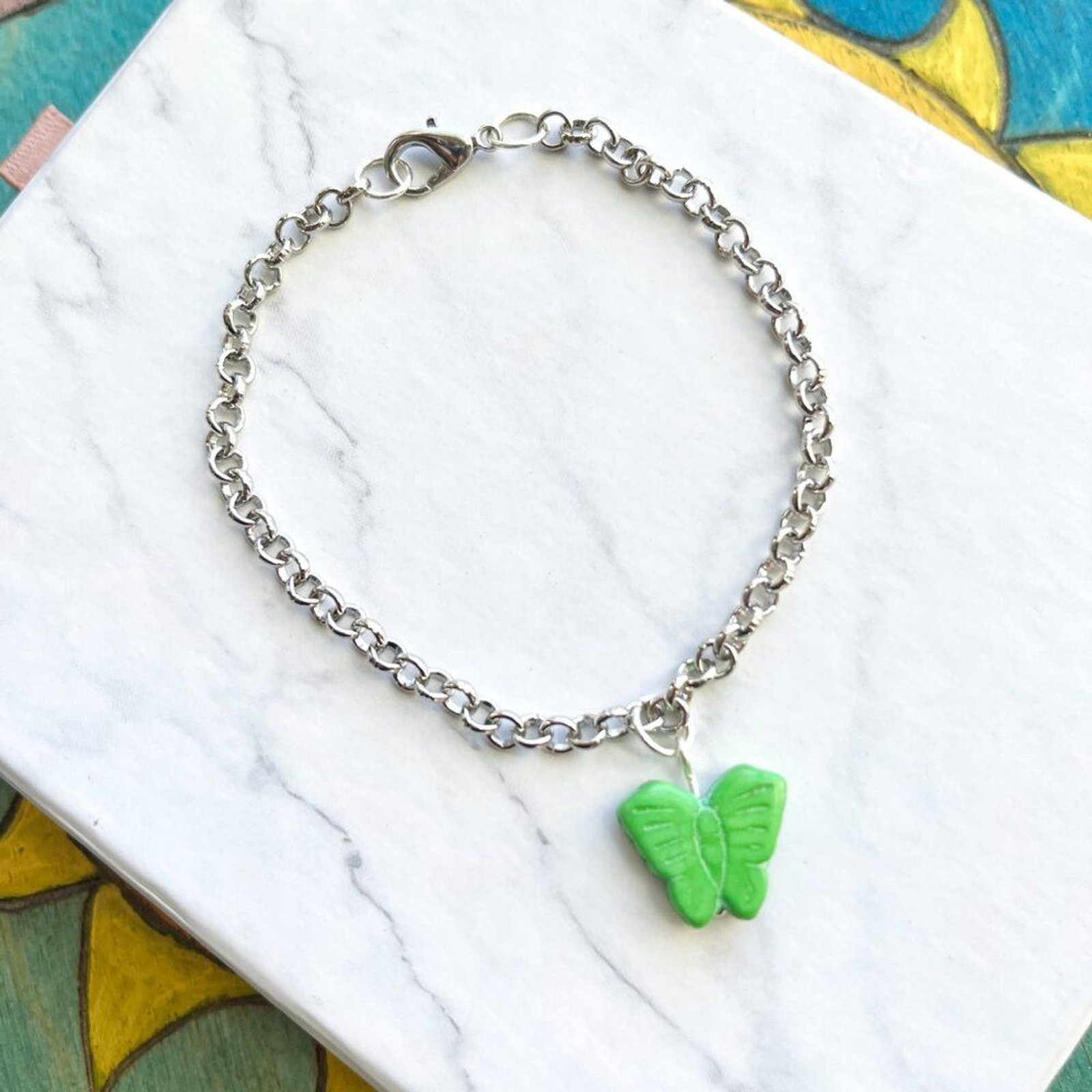 Green Butterfly Charm Silver Chain Bracelet