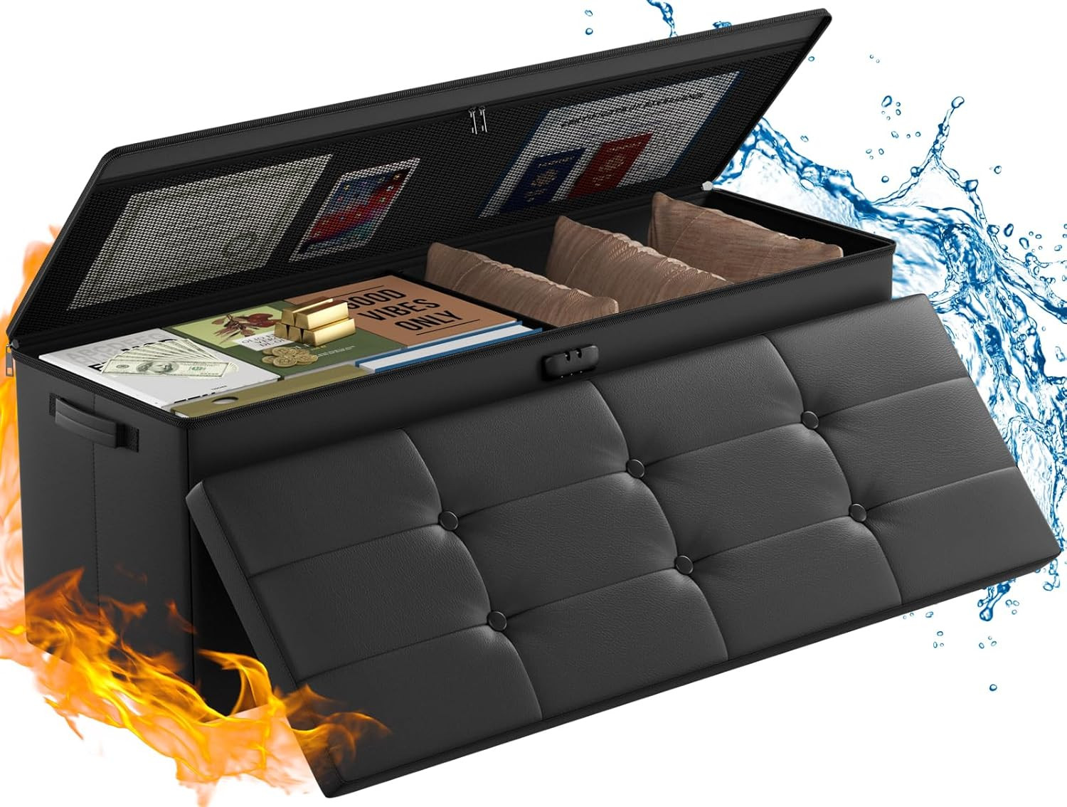Fireproof Folding Storage Ottoman with Handles & 2 Extra Boxes - Black