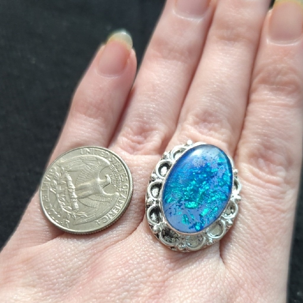Silver Plated Blue Australian Triplet Opal Gemstone Statement Ring - Size 8.5