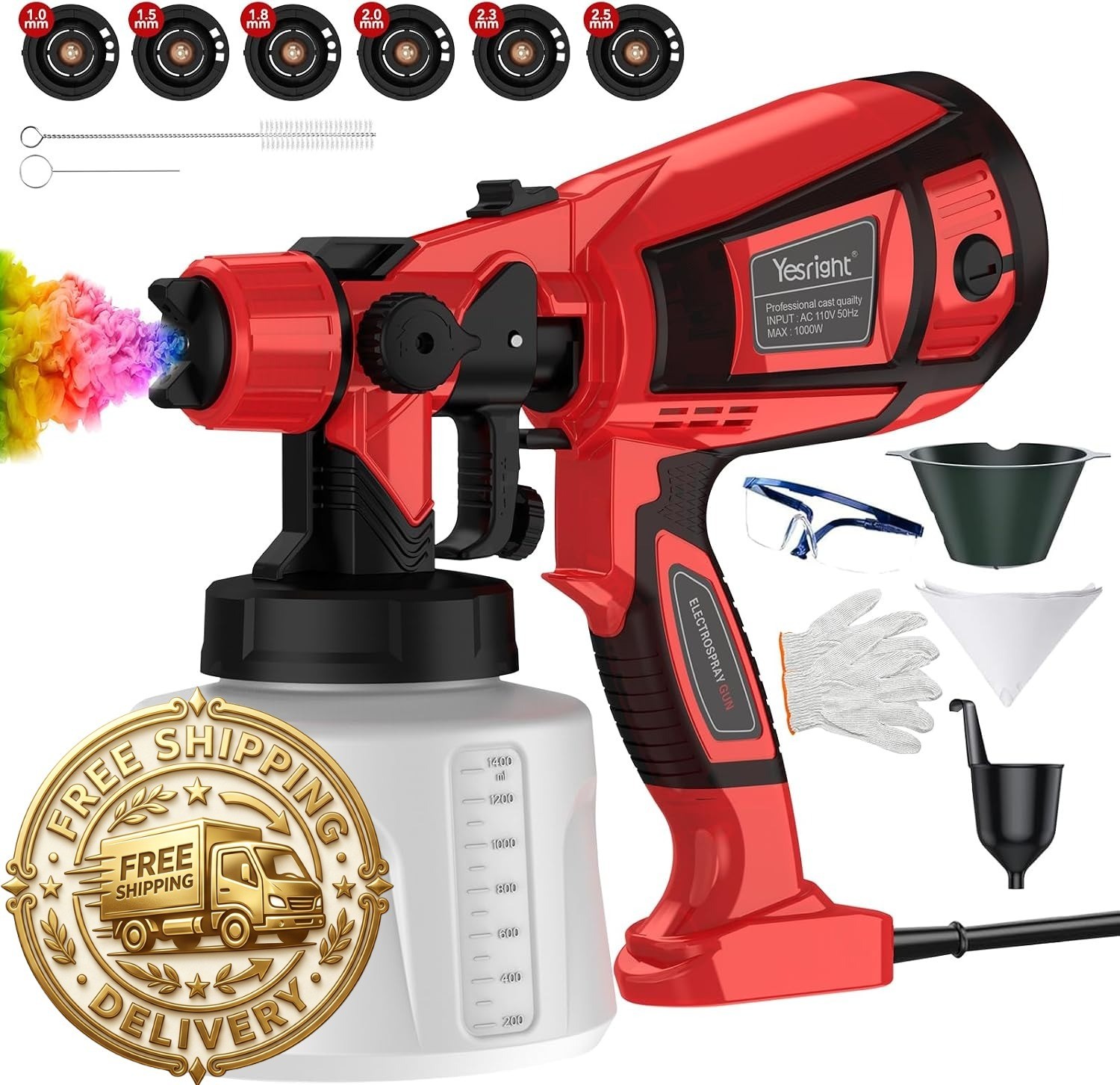 1000W Electric Paint Sprayer, 1400ml for Furniture Fence 3 & 6 Nozzles, Variable