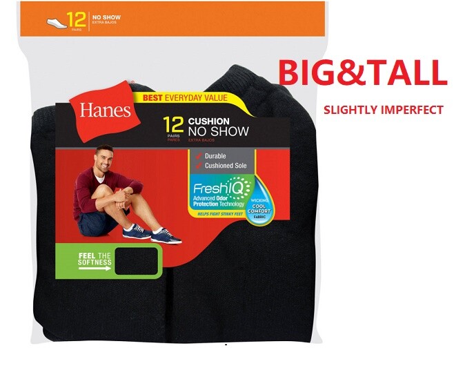 Hanes Men's BIG & TALL 6/ 12 paris cushion No Show socks "SLIGHTLY~IMPERFECT"