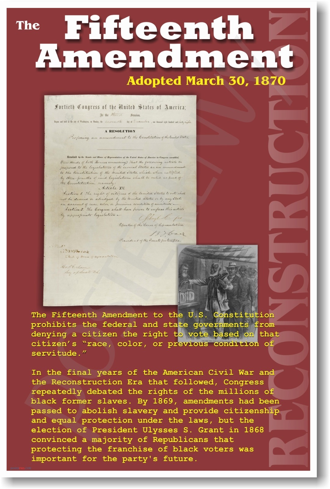 Reconstruction - 15th Amendment Constitution - US Civil War History - NEW POSTER
