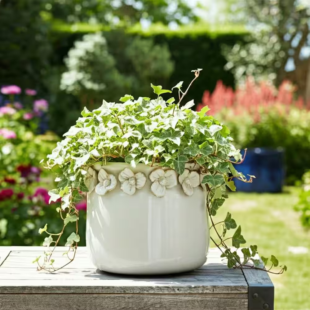 Ivory Ceramic round Floral Applique Decorative Planter (6 In. W X 5 In. H)