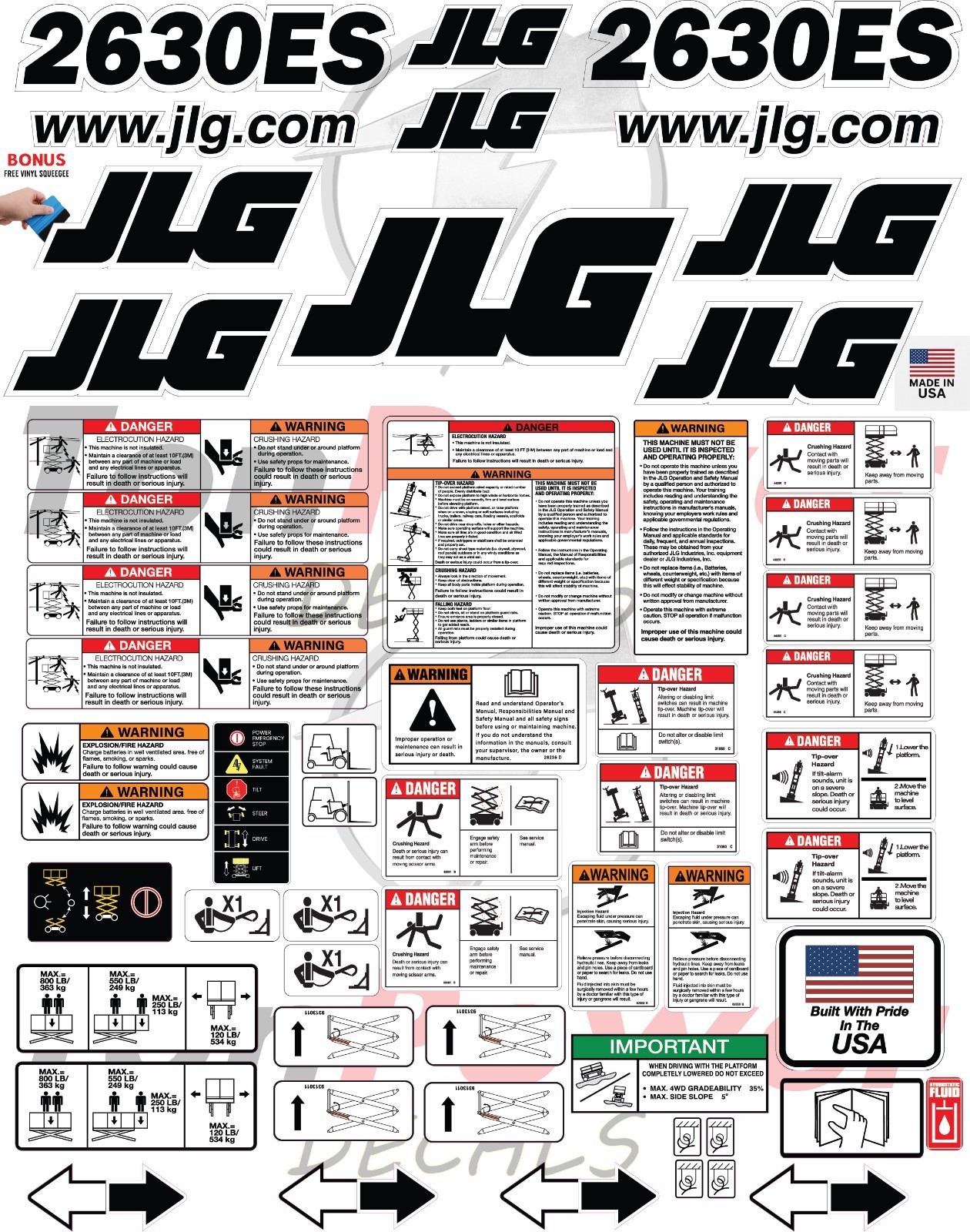 Fits JLG 2630ES Scissor Lift Decal Kit – Laminated 3M Vinyl - Free Shipping