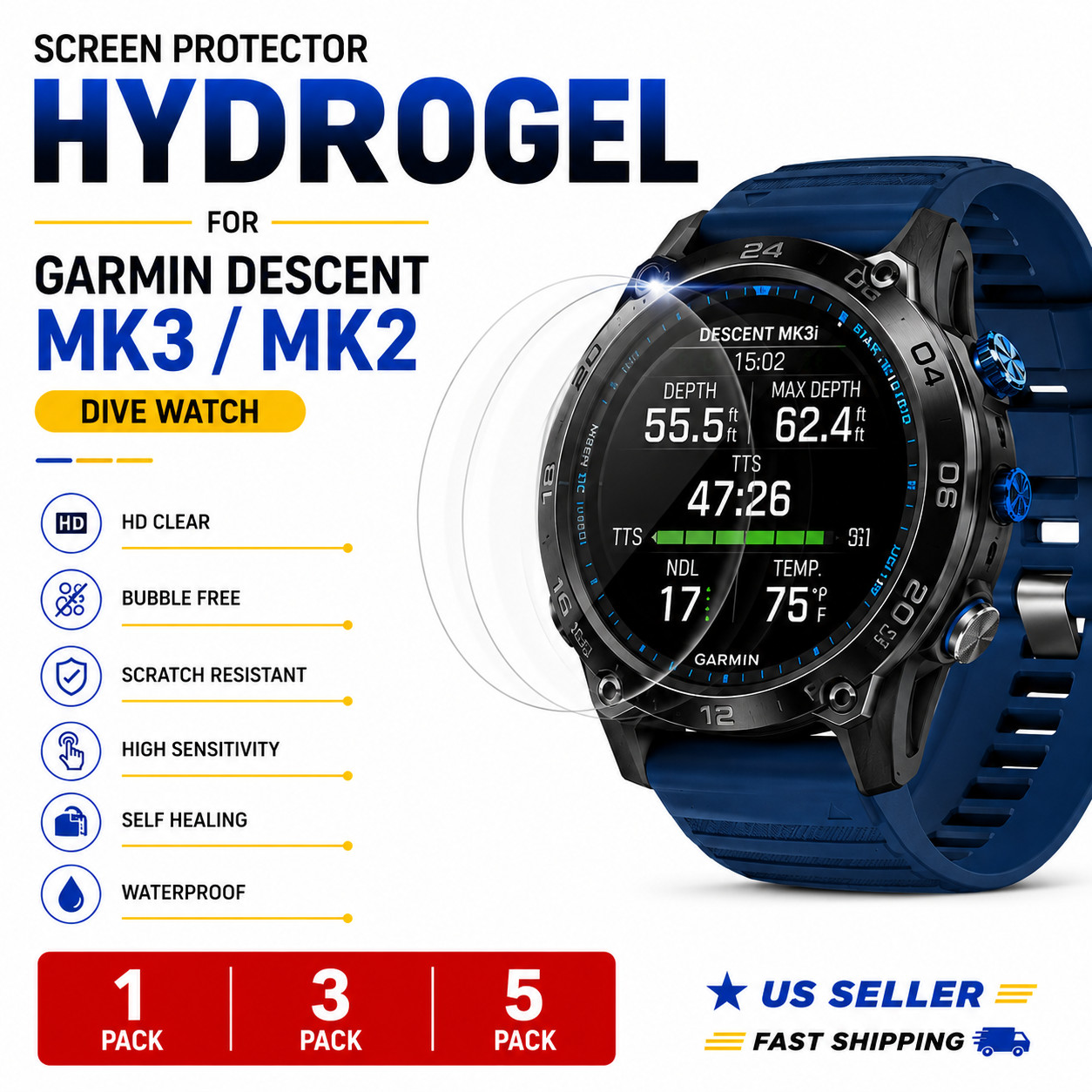 Garmin Descent Mk3 Mk2 Dive Watch Screen Protector Hydrogel HD Clear