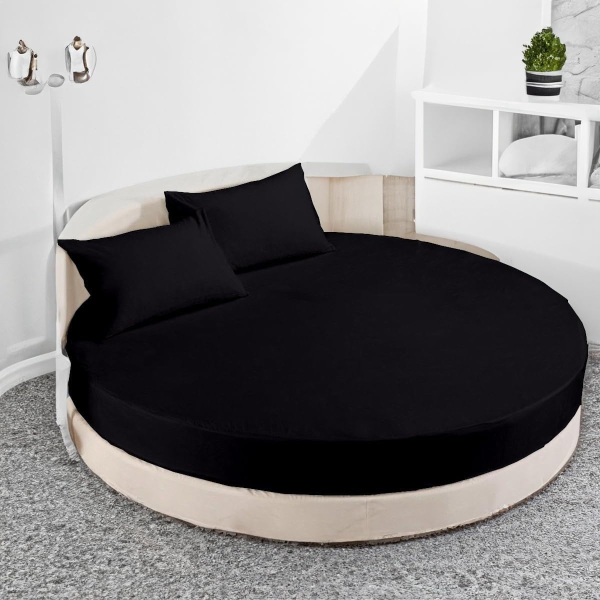 4 Piece Round Bed Sheet Set - Solid Black 600 TC Cotton Pocket Up to 20 Inch -