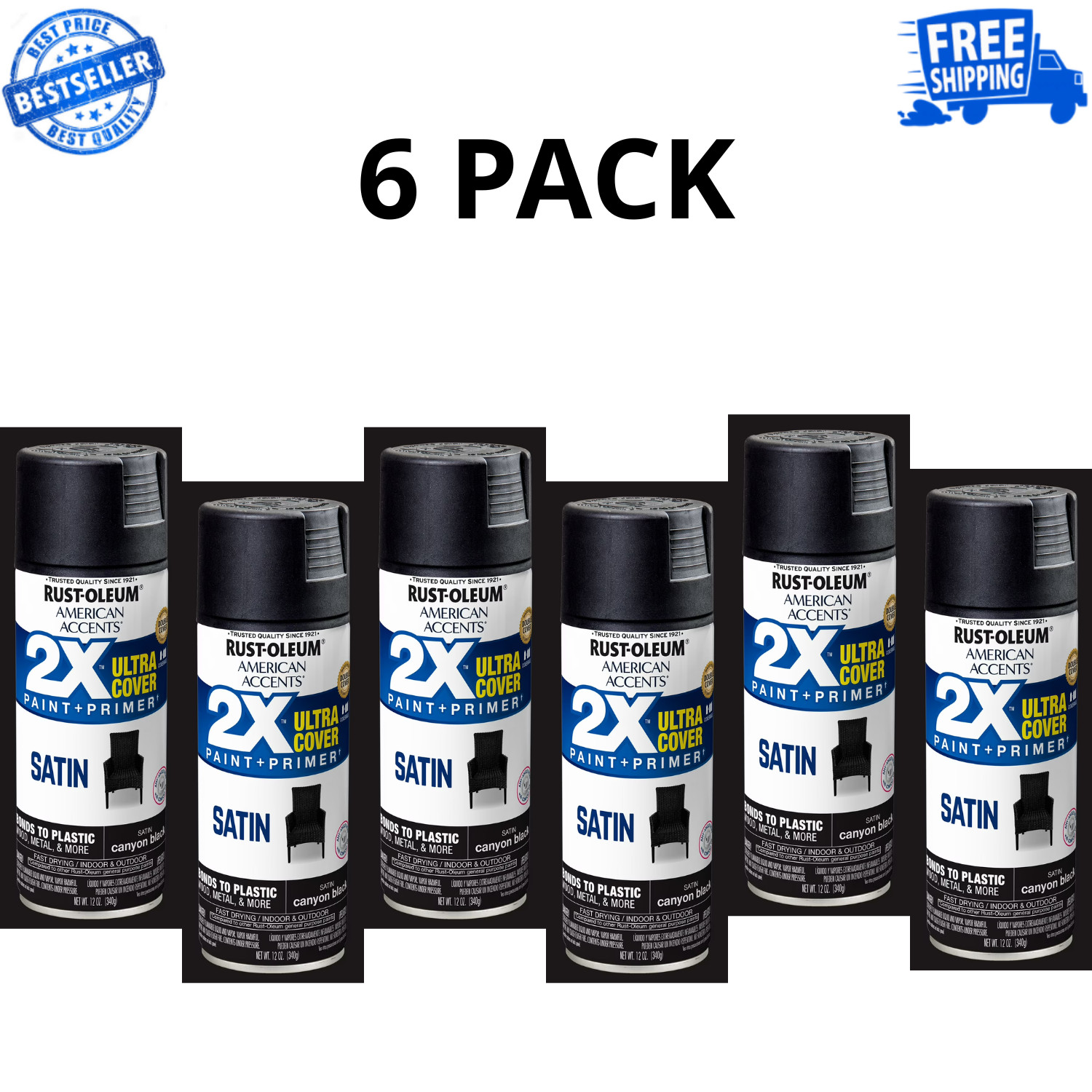 6 Pack Rust-Oleum American Accents 2X Satin Canyon Black Spray Paint 12oz