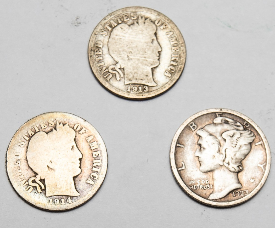 1913 + 1914 + 1923 Dime Lot. US 10c coins