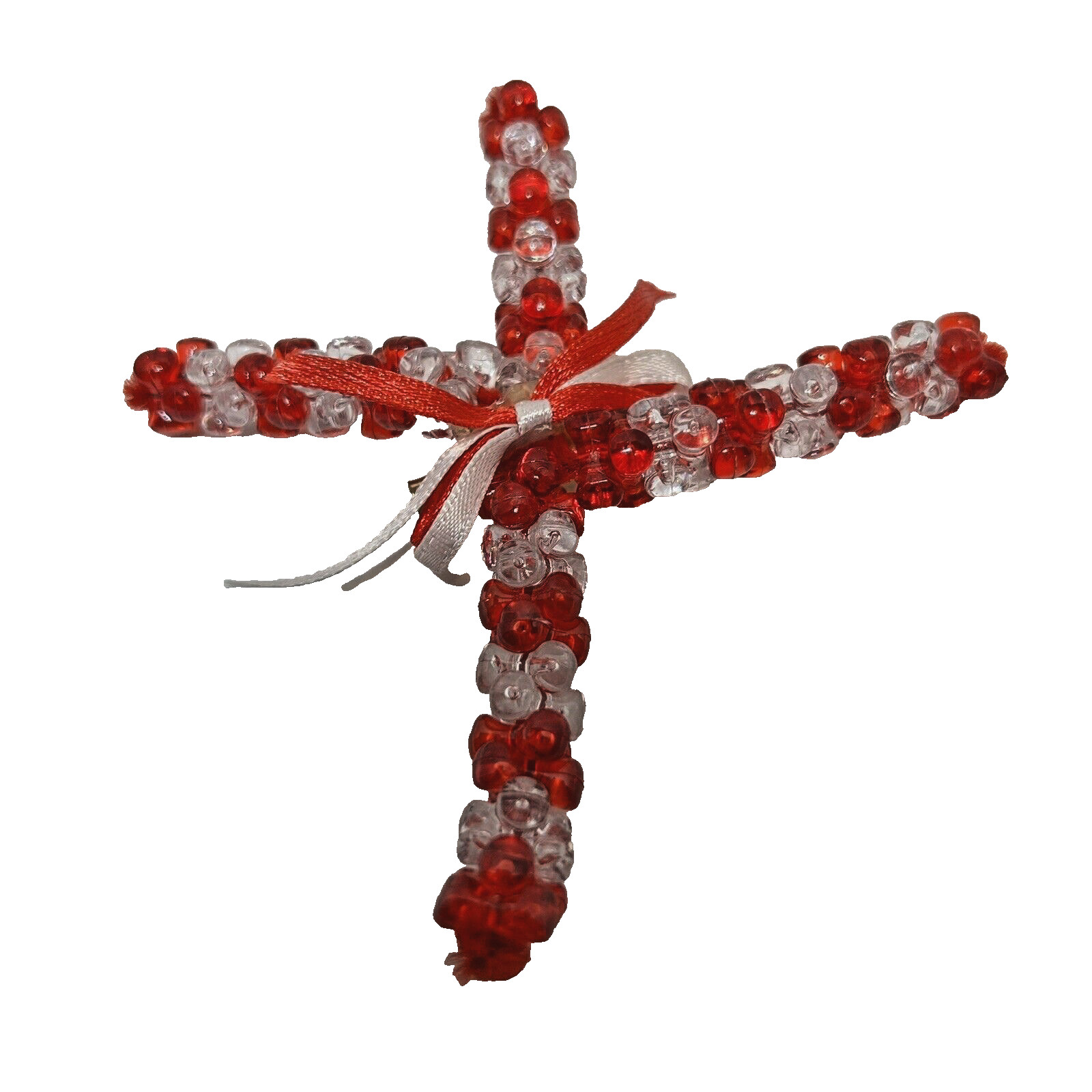 Vintage Handmade Red and Clear Beaded Christmas Cross Pin Brooch 3.75 x 3.75"