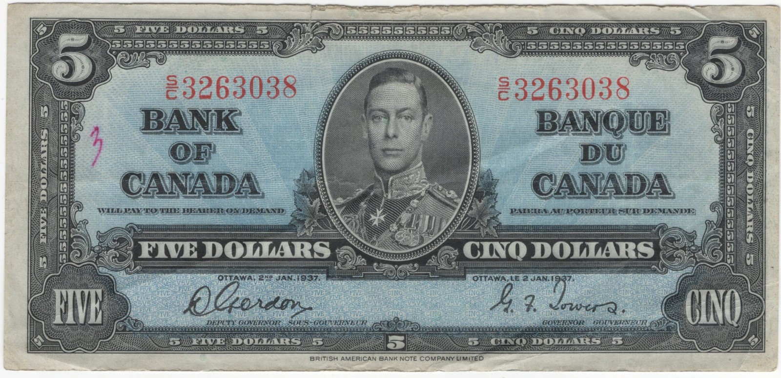 Bank of Canada 1937 $5 Gordon-Towers S/C Prefix VF King George VI