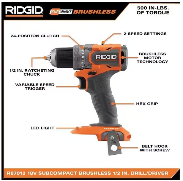 RIDGID 18V SubCompact Brushless Drill/Driver Kit 2Ah R87012K1