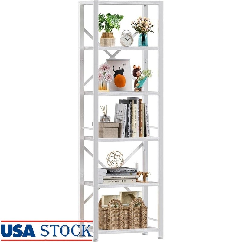 Slim Freestanding Bookcase Storage Shelf Metal Wood Organizer Furniture Home New