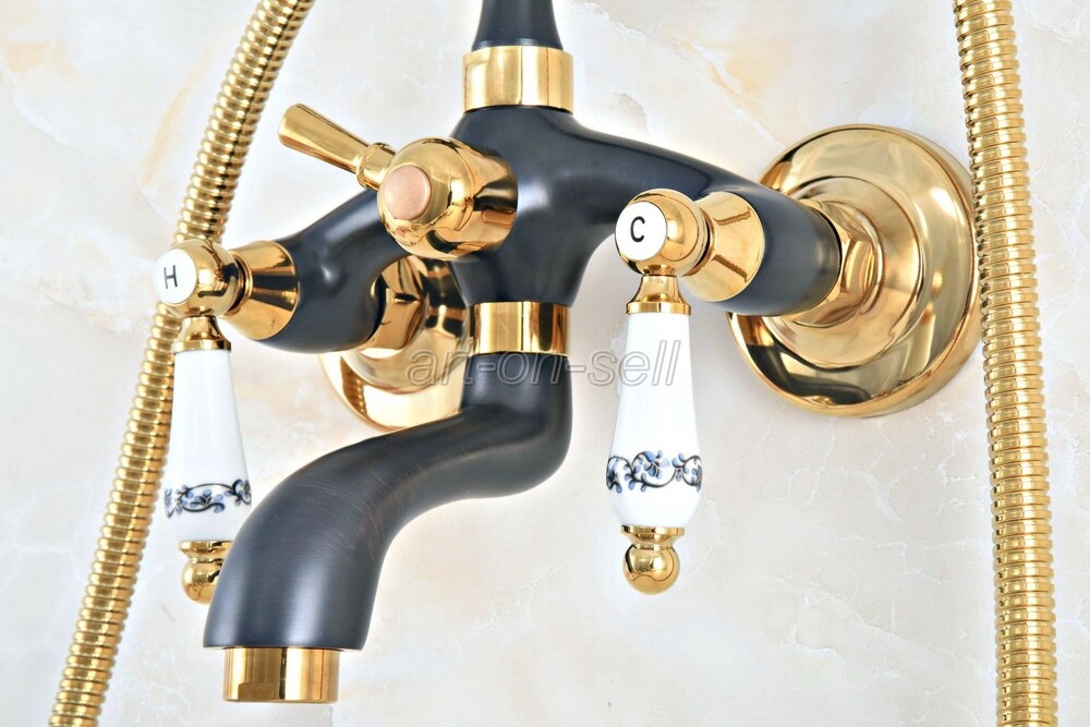 Black Gold Brass Wall Mounted Clawfoot Bath Tub Faucet with Hand Shower ana549