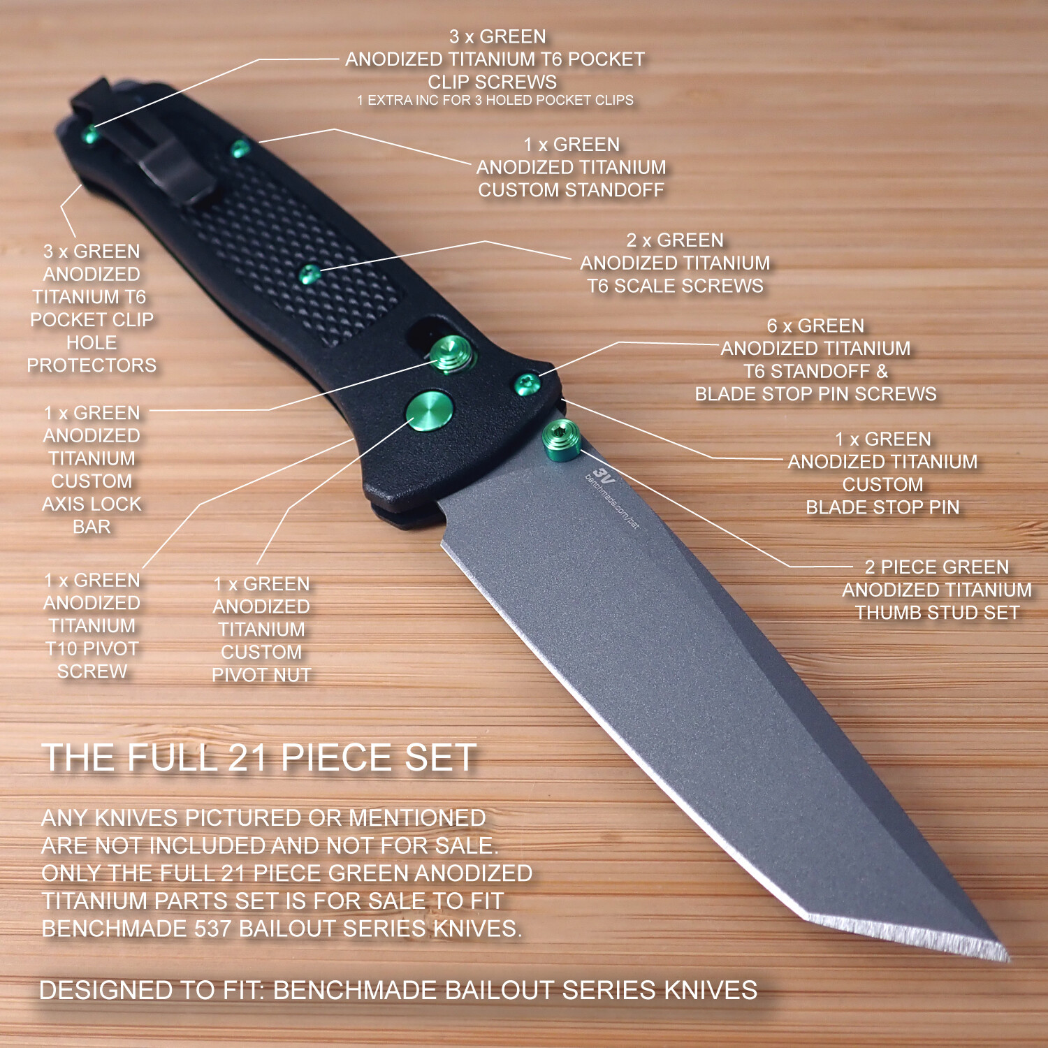 Benchmade 537 BAILOUT 21pc GREEN Titanium Screw Pivot Standoff Pin ThumbStud Set