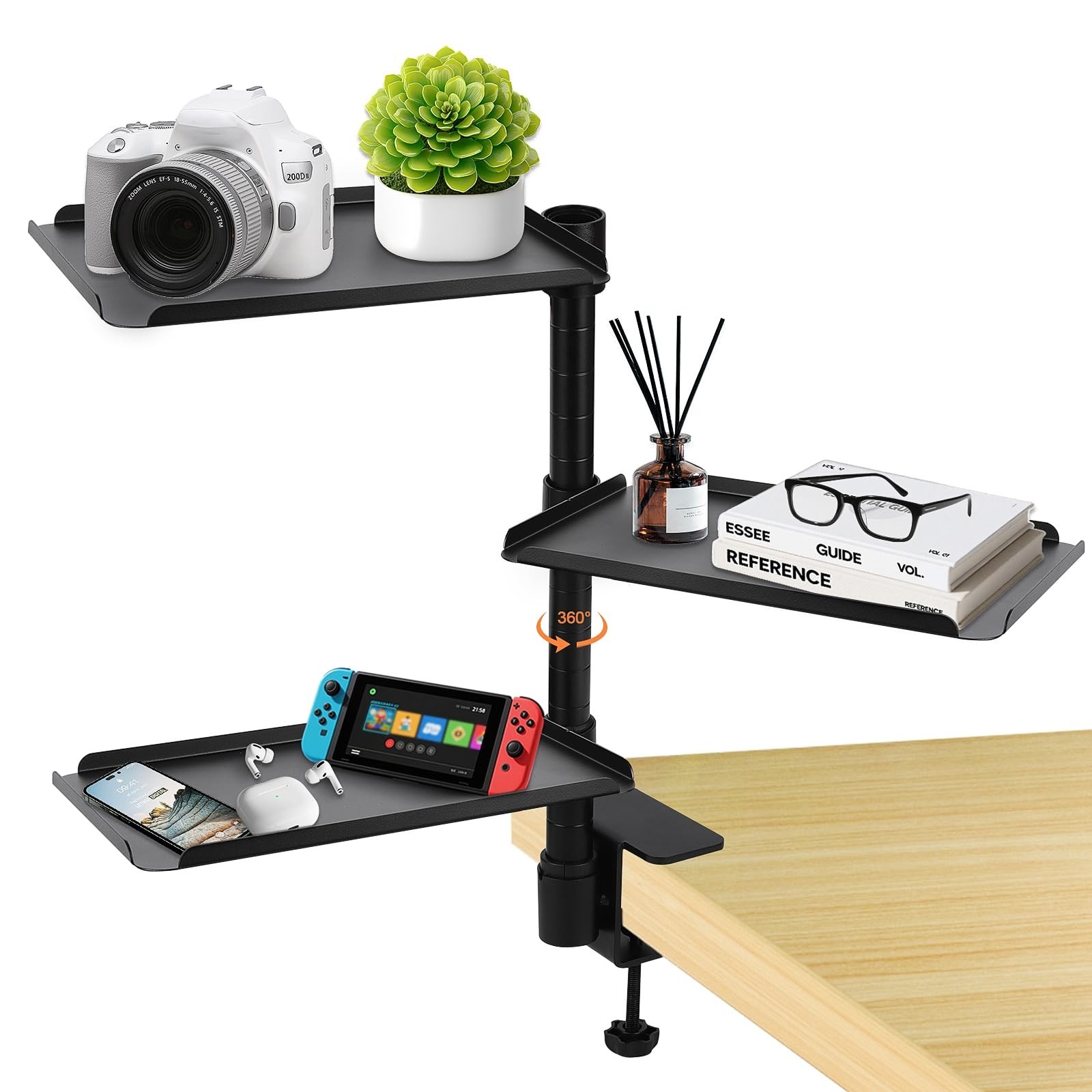 3 Tier Clamp On Desk Shelf,360° Rotatable Adjustable Above or Under Desktop