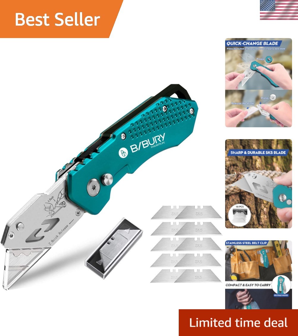 Malachite Green Heavy-Duty Folding Utility Knife with Safety Lock & Belt Clip
