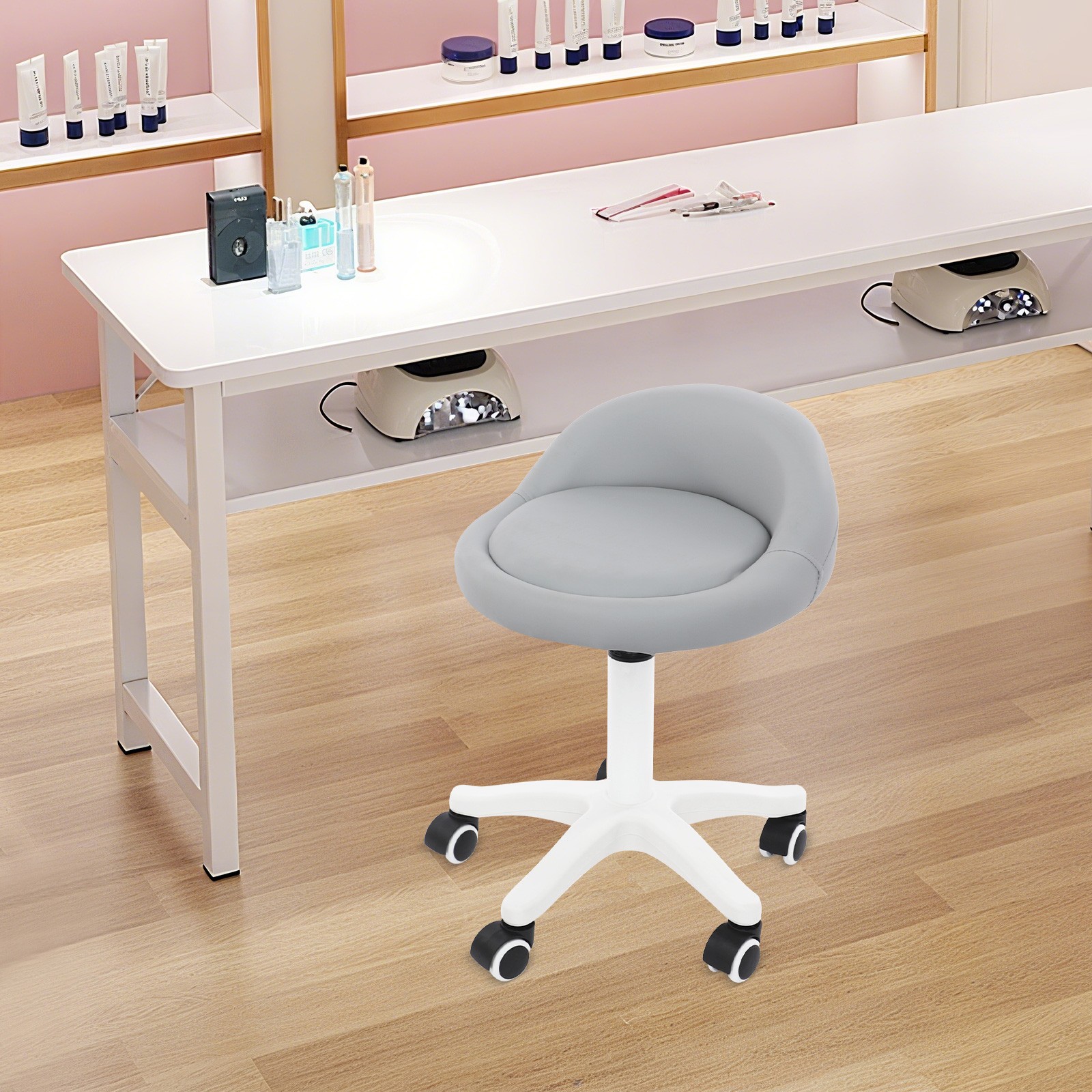 Gray Adjustable Beauty Salon Chair Rolling Stool with Low Backrest Floorstanding