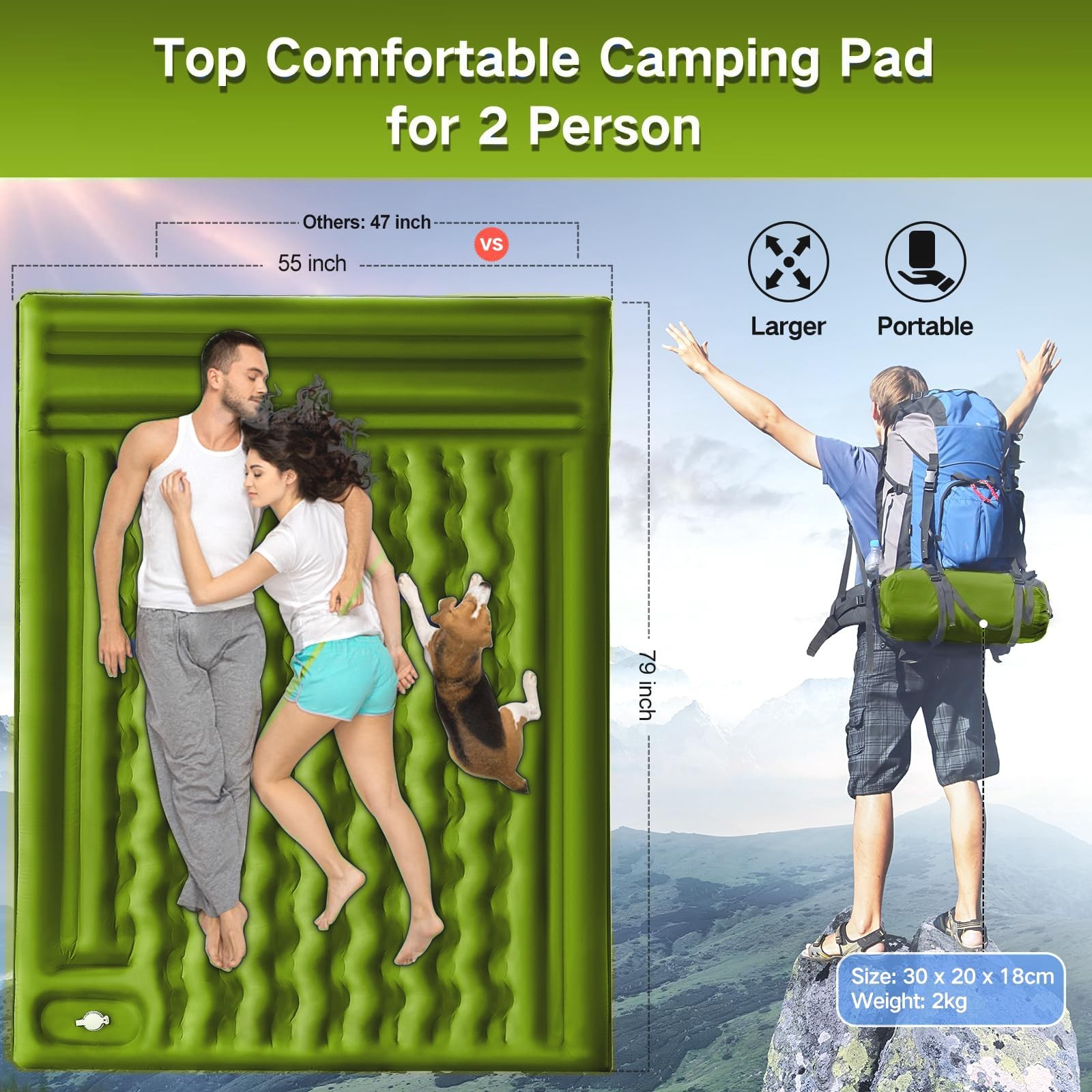 Double Sleeping Pad Camping, Self Inflating 6'' Extra-Thick 2 Person Pillow B...