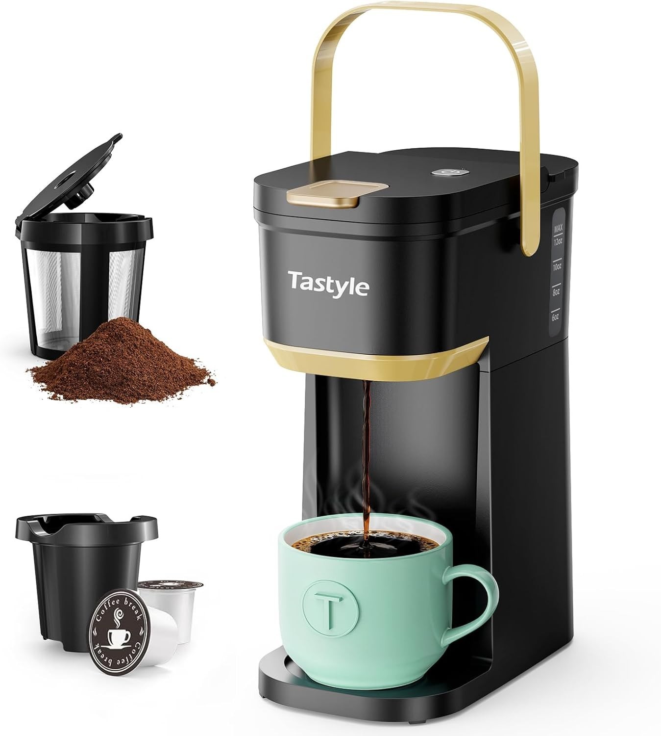 Tastyle Mini Coffee Maker Single Serve K-Cup Pod & Grounds Portable Handle NIB