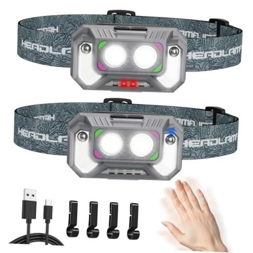 LED Headlamp Lightweight with Red Light Motion Sensor, 5 Modes USB T129 2 Pack
