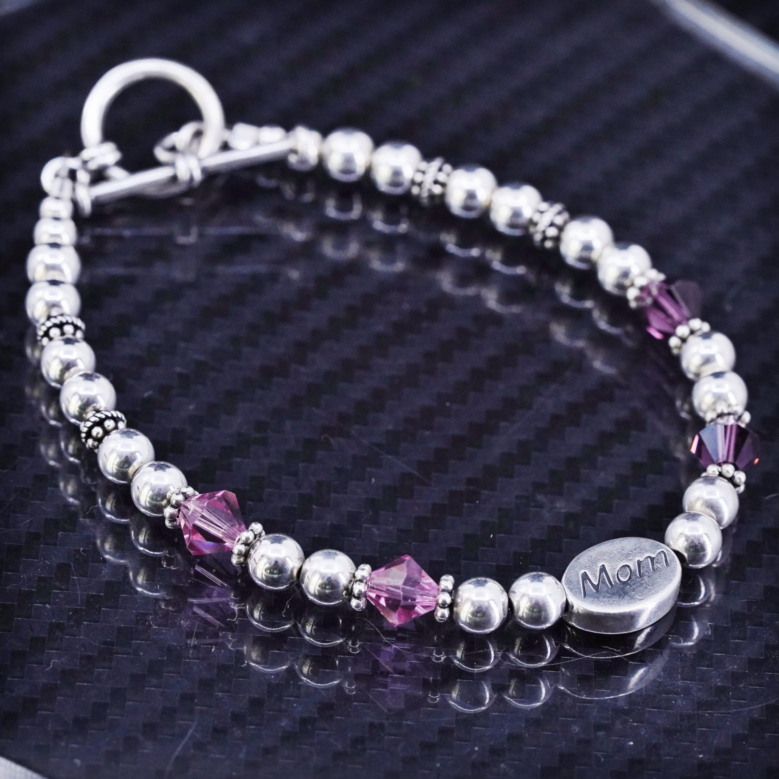 7”, sterling silver 925 handmade bead bracelet with pink crystal and “mom” tag